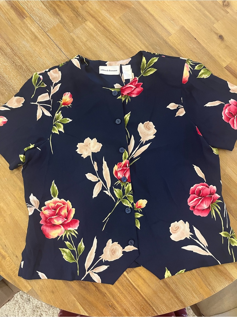 Vintage Alfred Dunner Navy Floral Button-Front Short Sleeve Blouse